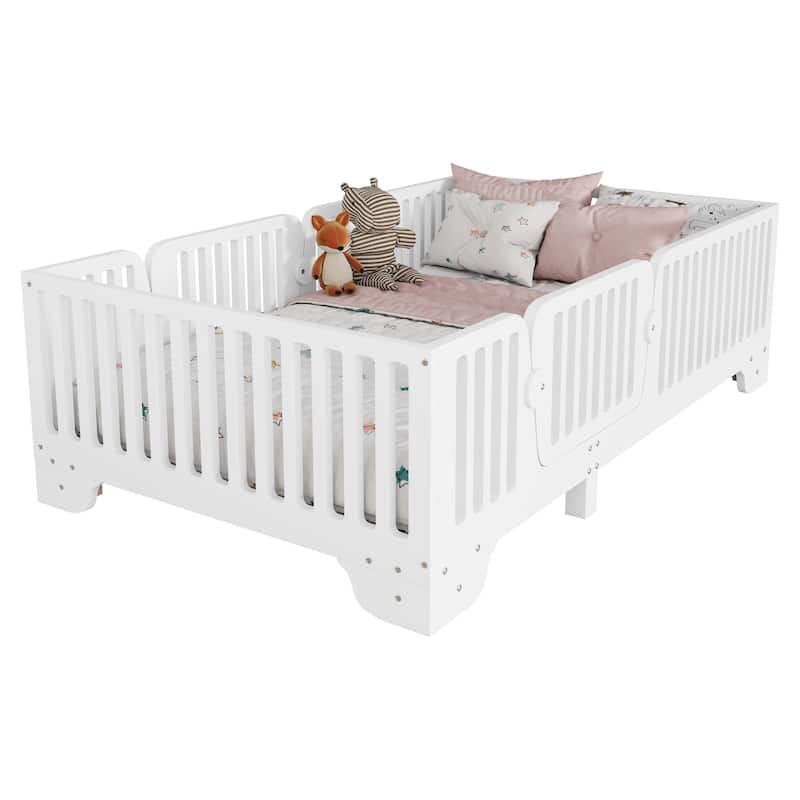 Twin Floor Bed with Slats and Fence, Twin Size Montessori Floor Beds with Door, No Box Spring Needed