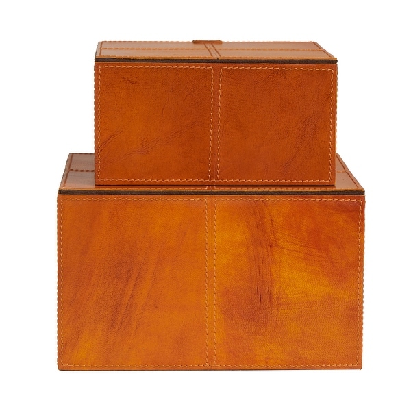 Brown Leather Storage Box with Snap Front Closure and Detailed