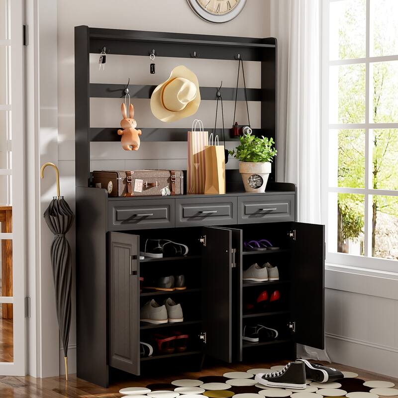 4 Door Shoe Cabinet with Coat Rack, Multi-Functional Shoe Rack with 3 Drawers, 8 Shelves, Entryway Wood Storage Console