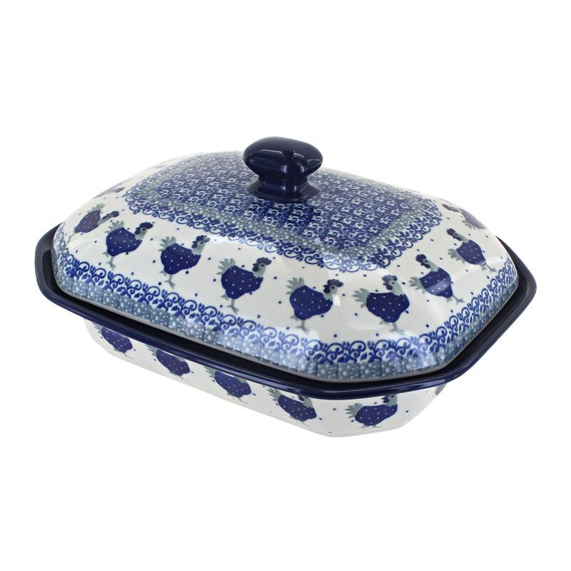 Blue Rose Polish Pottery 662 Ceramika Artystyczna Medium Covered Baker - Barnyard Rooster