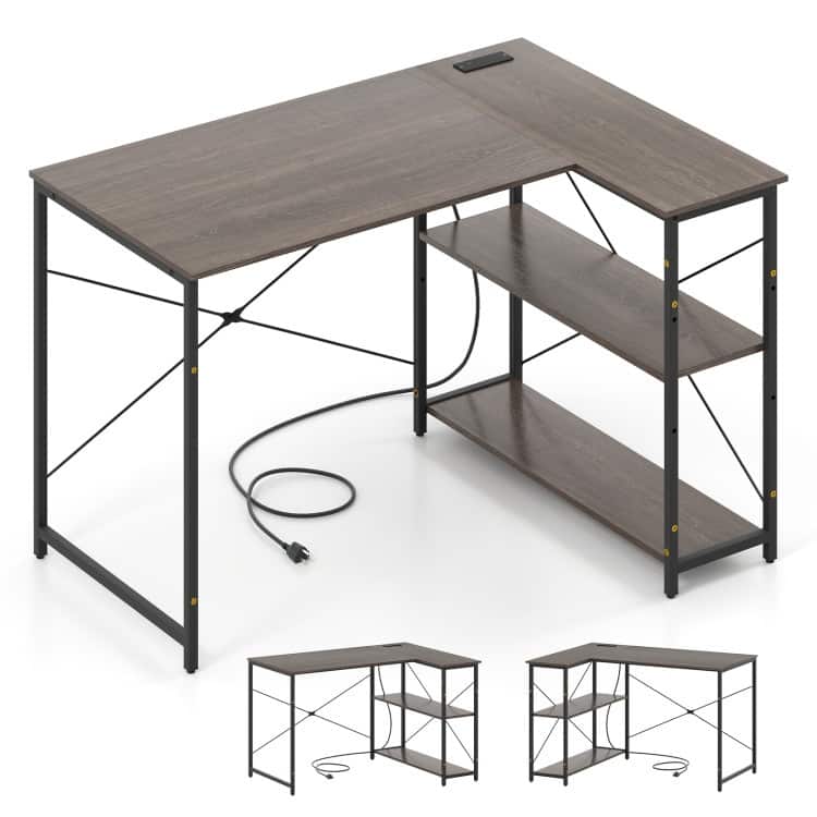L-Shaped Engineered Wood Corner Desk with Charging Ports and Shelves - Grey