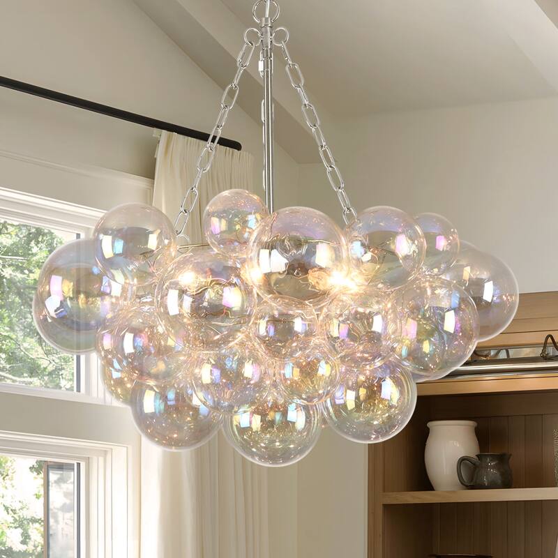 Starsky 6-Light lridescent Bubble Glass Globe chandelier, Hand-Blown Colorful cluster Light, Adjustable Height, Gold or Nickel
