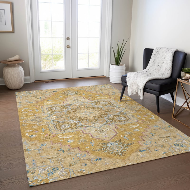 Machine Washable Indoor/ Outdoor Persian Traditional Chantille Rug - Gold - 3' x 5'