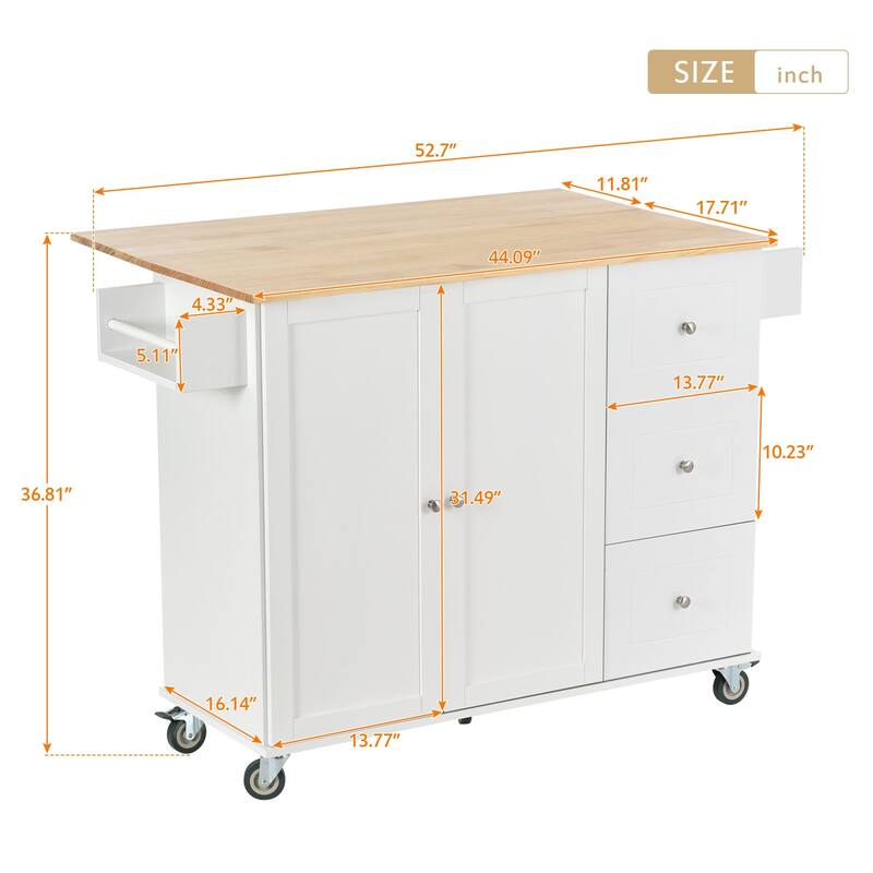Multi-Functional Kitchen Island on Wheels with Expandable Drop Leaf, Large Storage & Sturdy Wood Surface