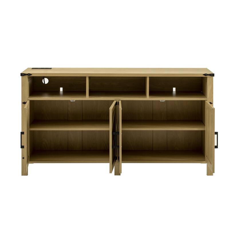 4-Door Wooden Sideboard, Buffet Cabinet with Power Outlets & USB Ports, Storage Cabinet with Adjustable Shelves & Open Shelves
