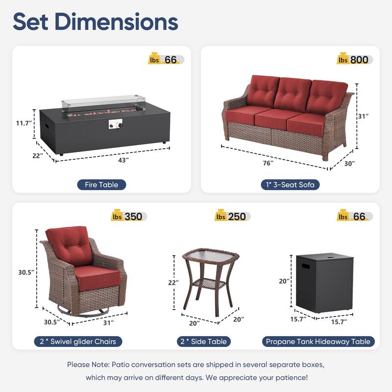 Pocassy 5/7PCS Sofa Swivel Chair Ottoman with Fire Pit Table