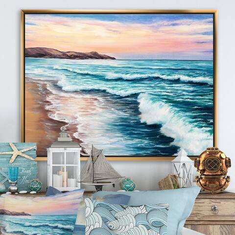 Designart 'Pastel Purple Sunset Over Incoming Ocean II' Nautical & Coastal Framed Canvas Wall Art Print
