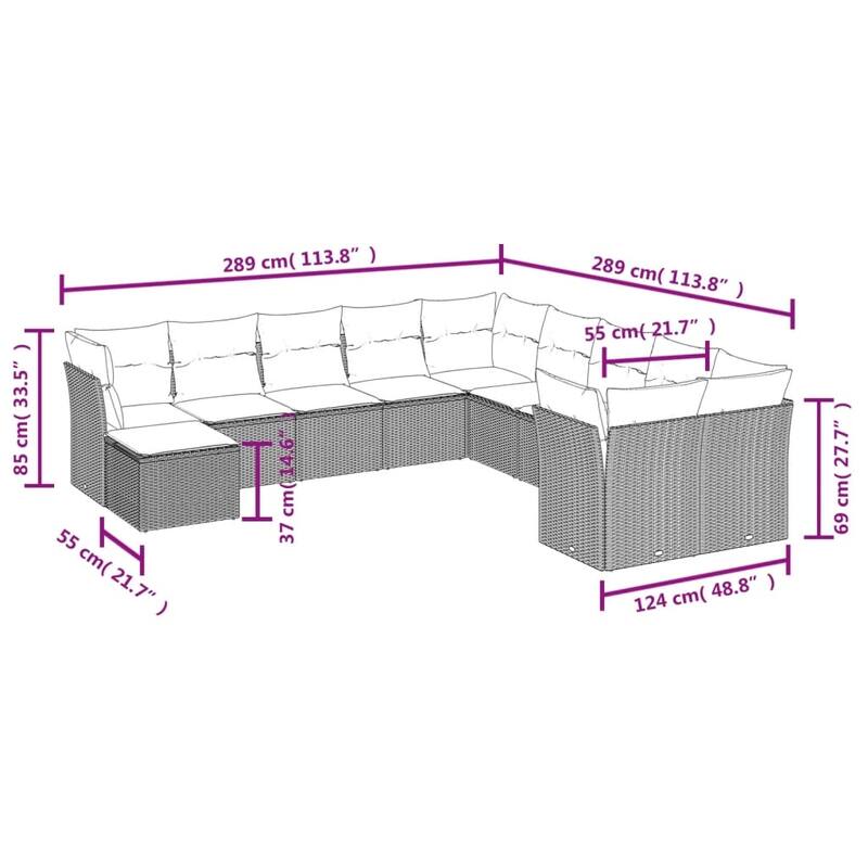 vidaXL Garden Sofa Set Grey PE Rattan, Polyester, Powder-Coated Steel - 21.7 x 21.7 x 14.6