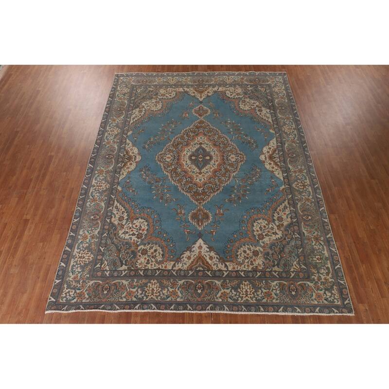 Over Dyed Tabriz Persian Vintage Rug Handmade Blue Wool Carpet - 9'10"x 12'11"