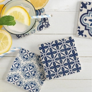 Counterart Absorbent Stone Coaster, Blue & White, Set of 4 - 4.00x4.11