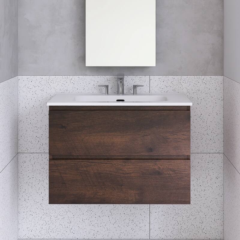 Floating Integrated Bathroom Vanity with Ceramic Sink, Three Faucet Holes - 29.9'' x 18.3'' x 21.1'' - Walnut