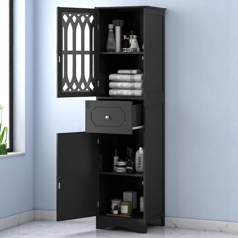 Freestanding Bathroom Storage Cabinet with 2 Doors and Drawer, Adjustable Shelf, Acrylic Panel, MDF Frame