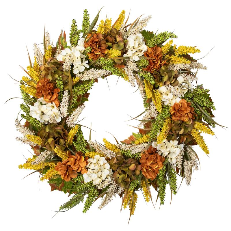 White Orange Hydrangea Artificial Fall Harvest Twig Wreath, 28", Unlit