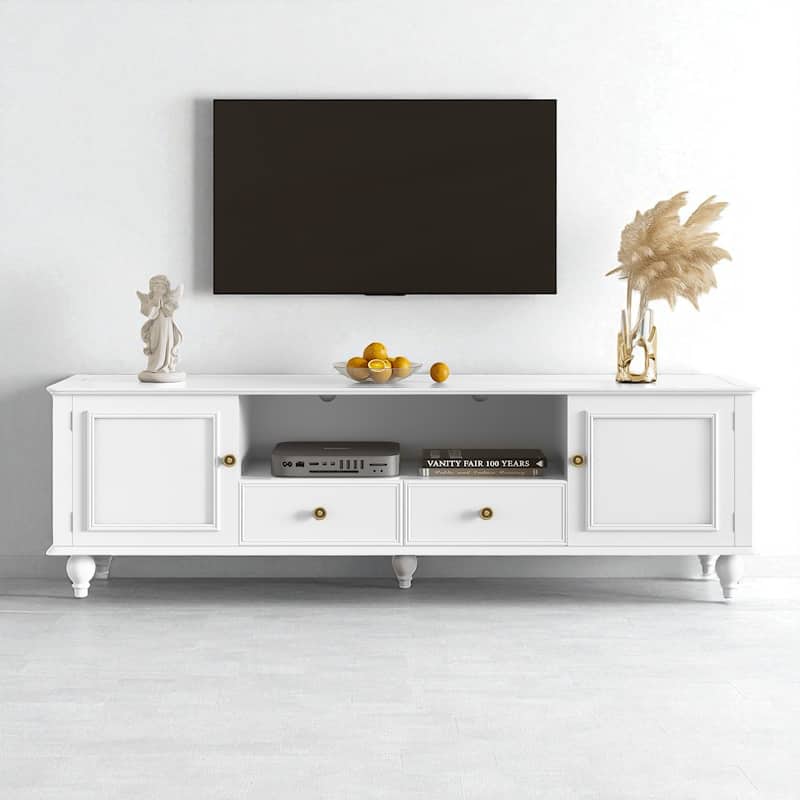 70.9" Modern TV Stand for TVs up to 80", Entertainment Center with 2 Cabinets, 2 Drawers, Open Shelf, Solid Wood Legs - White