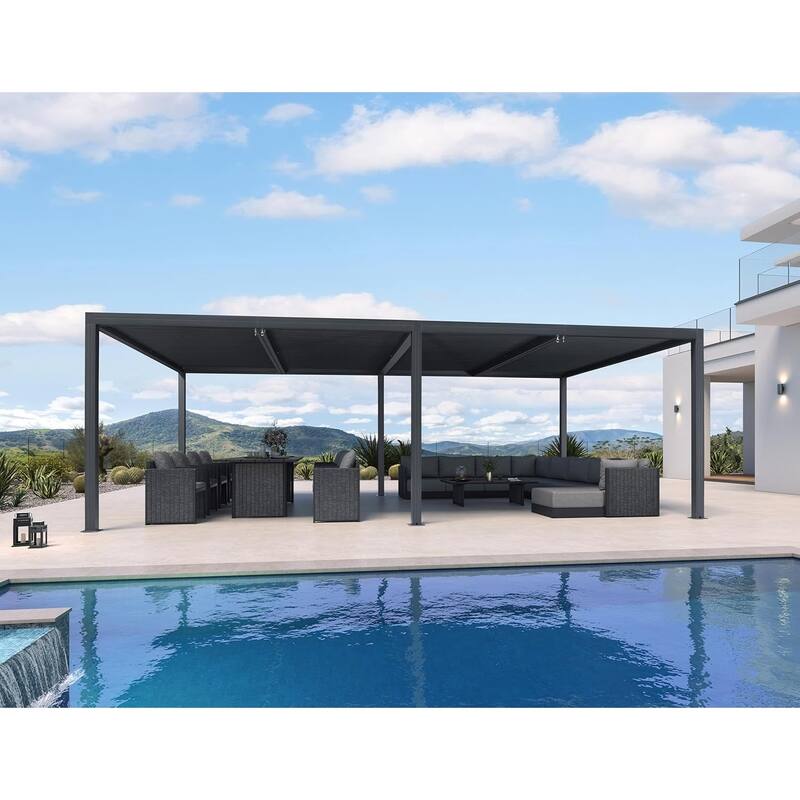 PURPLE LEAF Gray Louvered Pergola Outdoor Aluminum Pergola with Adjustable Roof for Patio Grey Hardtop Gazebo - 14' x 24' - Grey
