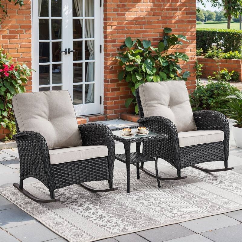 Pocassy 3 Pieces Outdoor Rocking Chairs with Side Table Patio Set. - Beige Cushion - Black Wicker