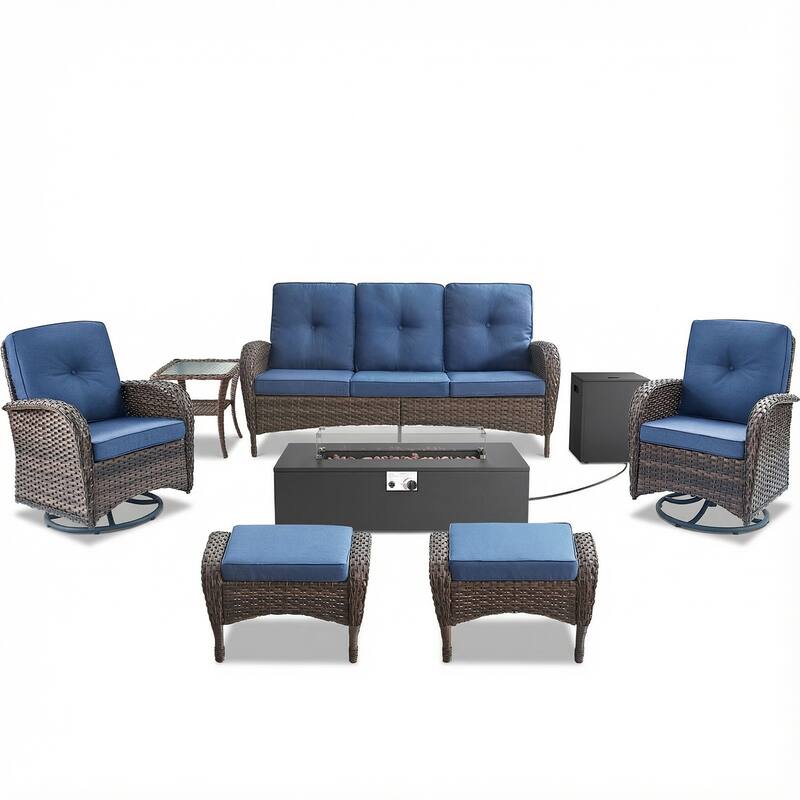 Pocassy Outdoor 7-Piece Sofa Swivel Chair Ottoman with Fire Table