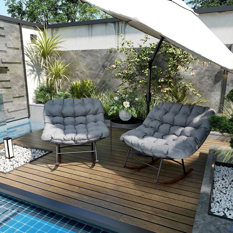 Steel Rocking Chairs with Cushions Woodgrain Base Indoor Outdoor Set of 2 - 36.6" W x 39.8" D x 30.7" H