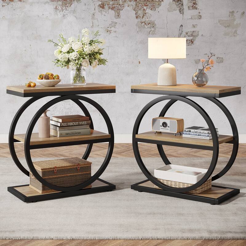 23.62 Inches Brown Wooden End Table with Geometric Base for Living Room, Industrial Nightstand for Bedroom - Oak - 2 Pcs