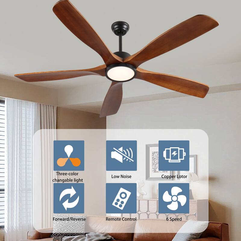 72 Inch Large Ceiling Fan with Light(No Dimmable), 5 Carved Solid Wood Blades Fan, Noiseless Reversible DC Motor