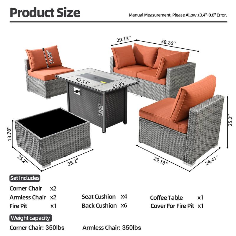 XIZZI 6-piece Patio Furniture Set Outdoor Sectional Rattan Sofa with Firepit