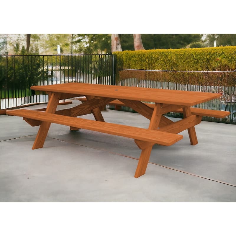 HomeRoots 94" Cedar Chest Solid Wood Outdoor Picnic Table with Umbrella Hole - Brown