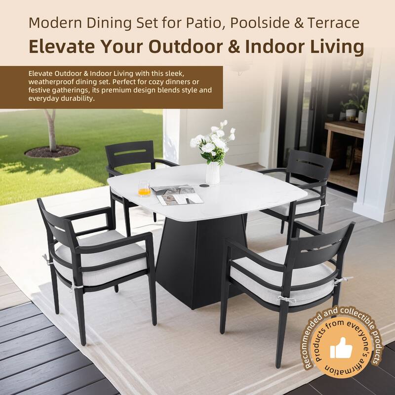 5PC Modern Patio Set - 44" Marble-Look Sintered Stone Table with Pyramid Base & 4 Sunbrella-Cushioned Chairs.