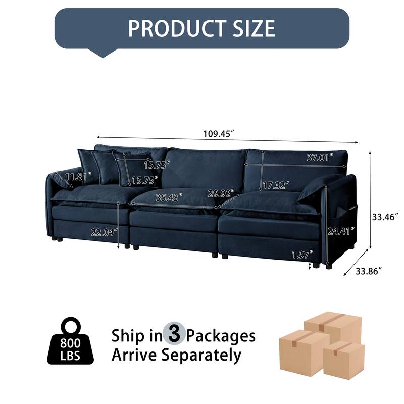 Modern Modular 3 Seat Sofa with Deep Dual Layer Cushions and Storage Pockets for Living Room and Guest Room