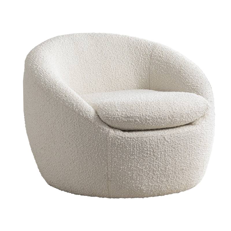 Cream White Modern 31" Boucle Upholstered Barrel Chair with 360° Swivel and Round Metal Base