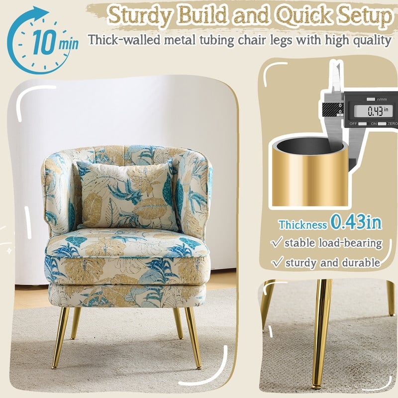 Mid Century Modern Upholstered Reading Chair with Lumbar Pillow, Gold Metal Legs, Small Space Friendly for Living Room Bedroom