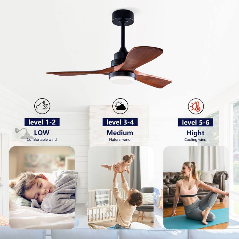 42 Inch Modern Ceiling Fan With 3 Color Dimmable 3 Solide Wood Blades Remote Control Reversible DC Motor With Led Light