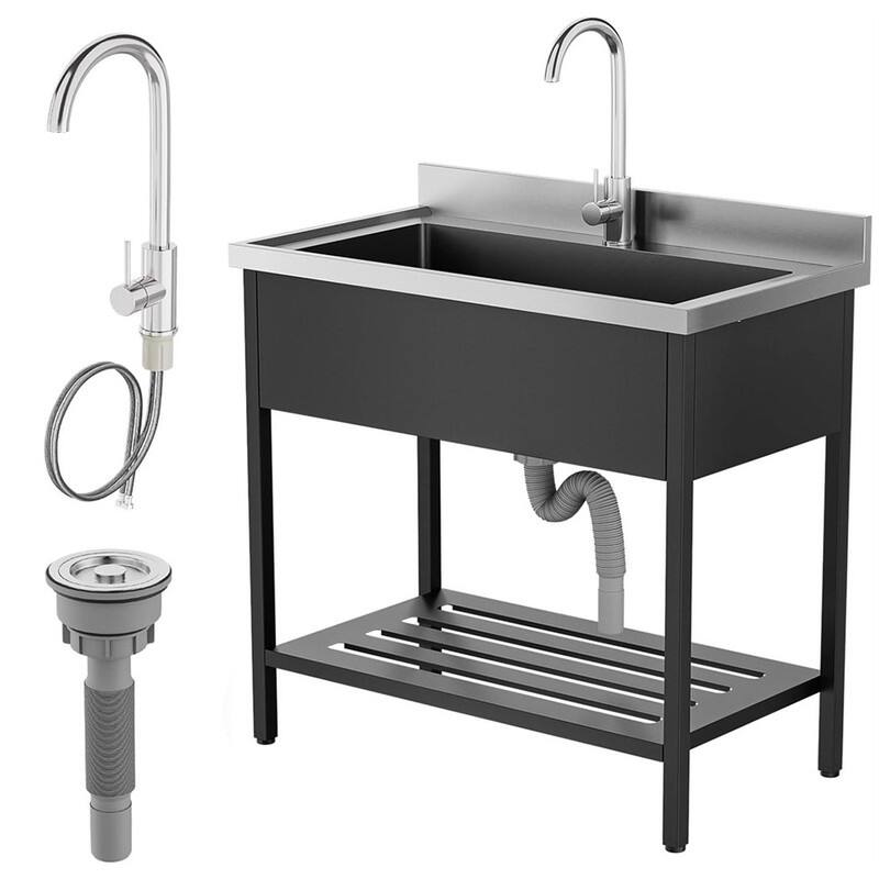 Freestanding Stainless Steel Utility Sink Laundry/Kitchen Sink With Faucet & Legs - Black