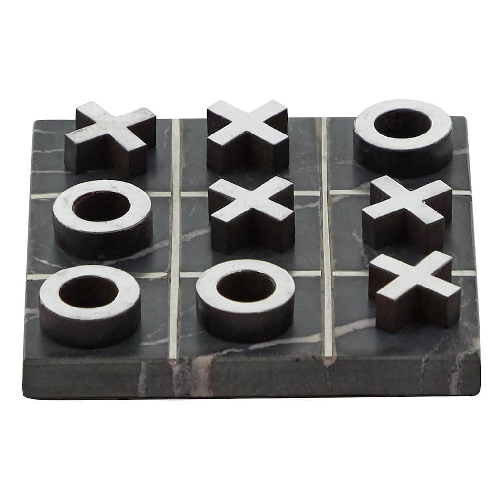 Marble Tic Tac Toe Game Set with Silver or Gold Inlay and Wood Pieces - Black or White - Roche River Decor