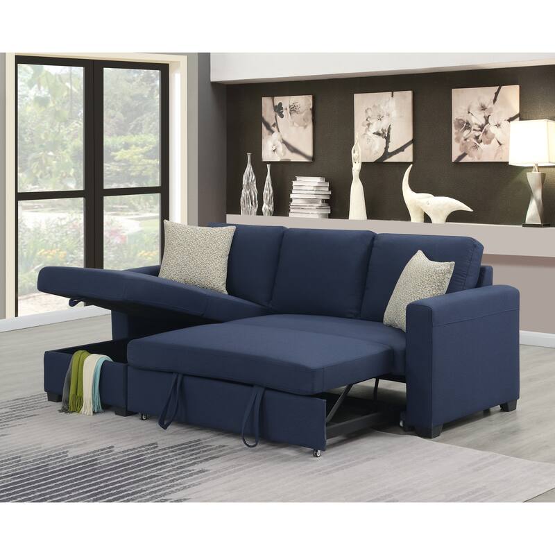 Blue Reversible Pop-Up Sleeper Sectional, 88x58x34 inches, 203 lbs