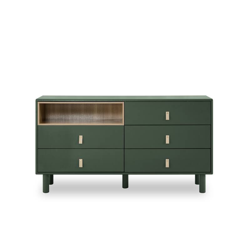 Modern 5 Drawer 55.12 in. Dresser Wood Storage Cabinet with Leather Handle, Open Shelf Drawer Cabinet