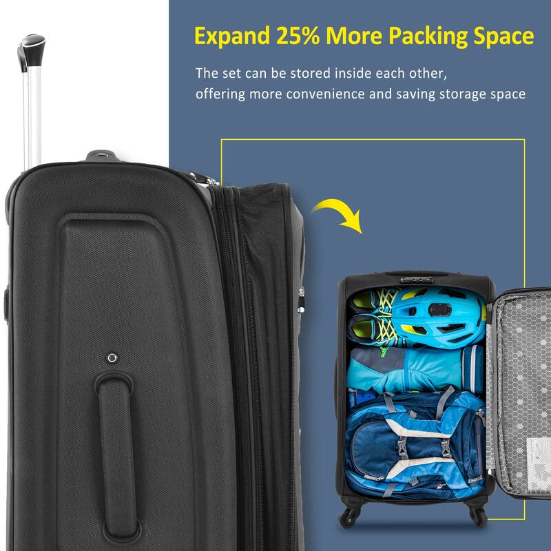 Merax 3 Piece Set Softside Luggage Sets with Spinner Wheels, Expandable Softshell Suitcase Set with Telescopic Handle