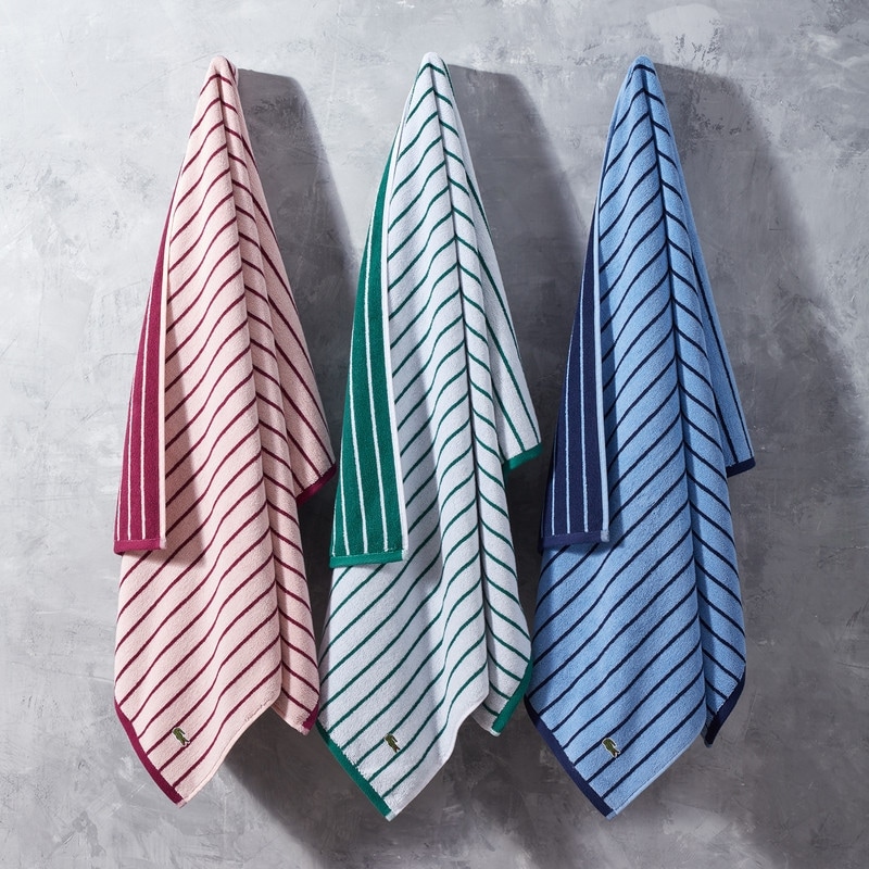 Lacoste Centre Mark Cotton Jacquard Stripe Bath Towel Hand Towel and Wash Cloth