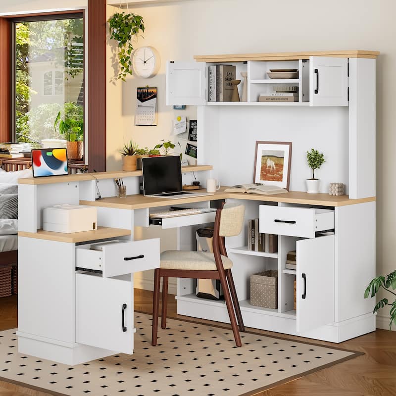 L-Shaped Corner Desk with Outlet, Drawers & Bookshelf, Study Table, Writing Desk Gaming Computer Desk with Storage