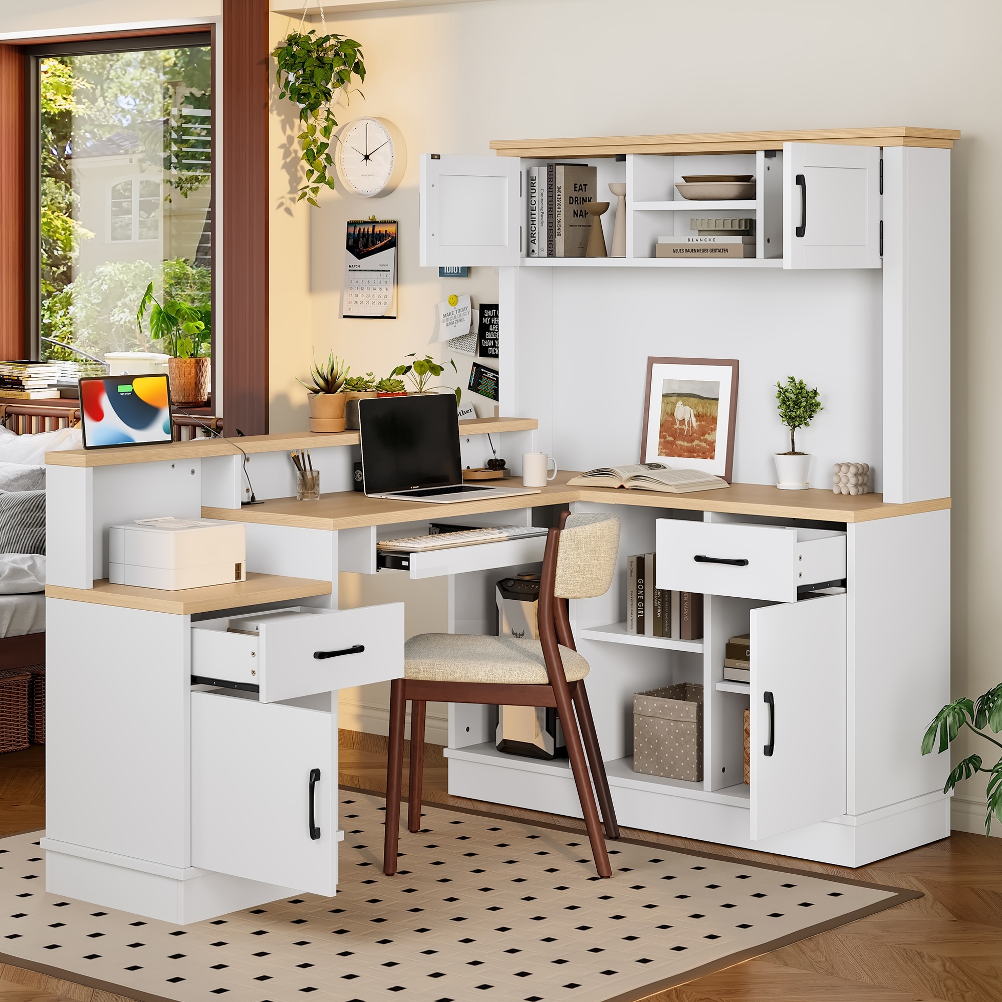 L-Shaped Writing Desk Gaming Desk, Computer Desk with Outlets, Office Desk with Storage Drawers & Bookshelf