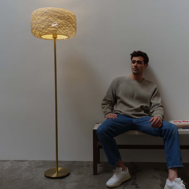 Brightech Rowan 66 in. Antique Brass Mid-Century Modern LED Super Bright Floor Lamp with Beige Twine Drum Shade