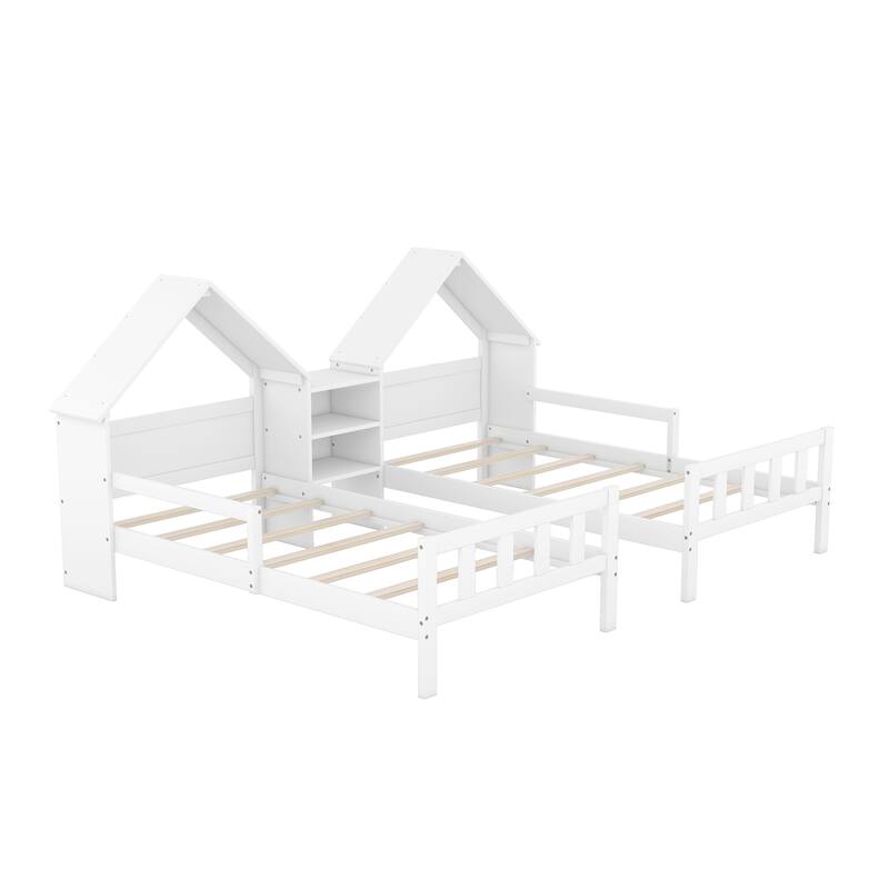 Roomfitters Double Twin Size Platform Bed with House-Shaped Headboard and Built-In Nightstand