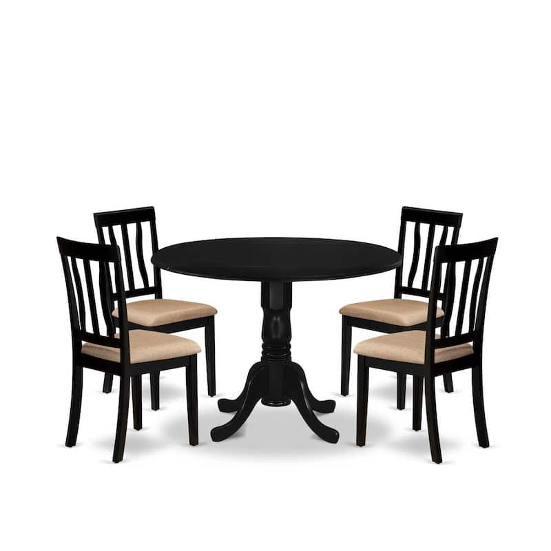 Dining Set - 5 Piece Round Table & 4 Linen Chairs - 42x42 Inch Black Kitchen Set