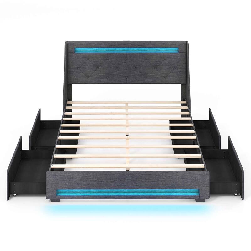 Costway Full/Queen Size Bed Frame with LED Lights & Charging Station - Queen