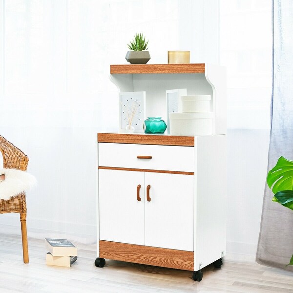 Microwave Cart Stand With Drawer And Two Doors Cabinet Storage Shelves Rolling