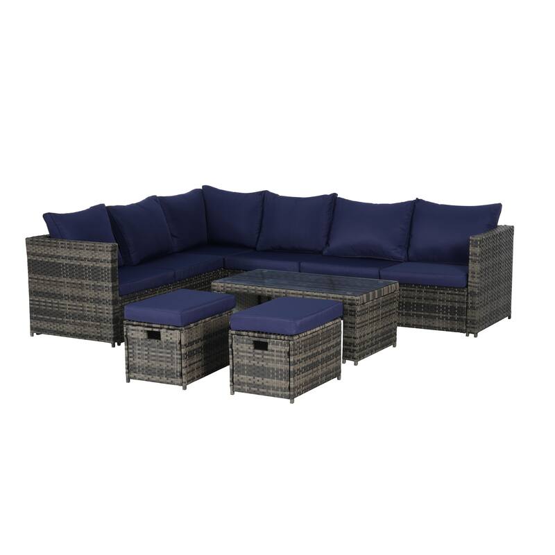 6-Piece Outdoor Patio Rattan Conversation Sectional Sofa Set with Tempered Glass Coffee Table