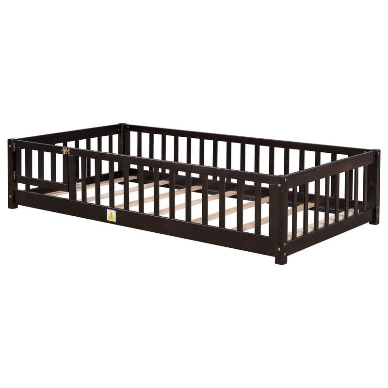 Floor Platform Bed with Fence Guardrails and Door