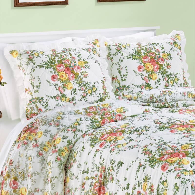 Floral Design Ruffled Edge Pillow Sham - White Multi - Sham