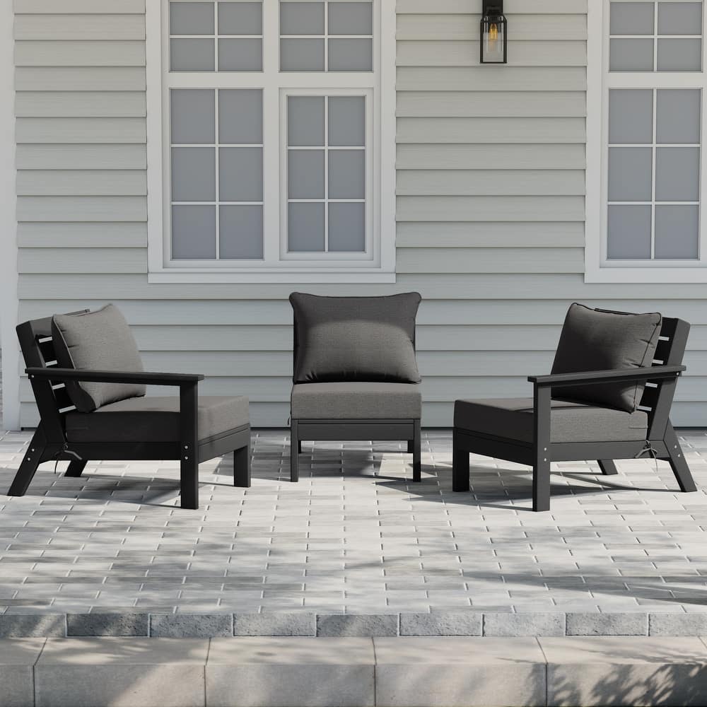 Birchwood All Weather HDPE Outdoor Patio Deep Seating Black Sofa With Cushions (3-Piece)