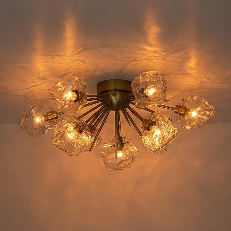 9-Light Sunburst Clear Glass Ice Shade Semi Flush Mount Brushed Brass