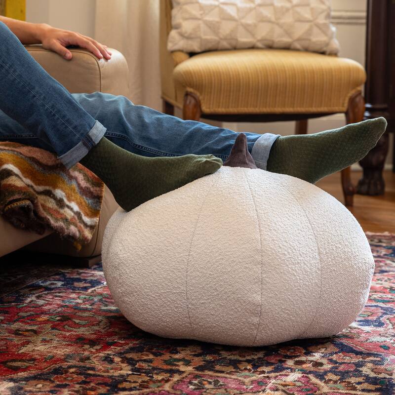 Jaxx Pumpkin Pouf - Luxurious Ottoman for Fall & Halloween Decor - Boucle White